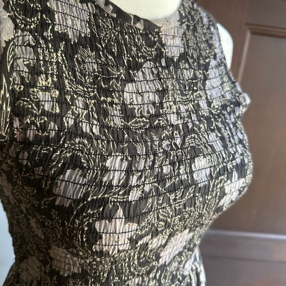 BANJANAN | Black Floral Smocked Bodice Curved Hem Tassle Dress | Sz XS - Picture 5 of 8